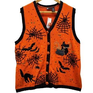 VTG 90s Halloween Embroidered Sweater Cardigan Vest Embellished Witch Cat Web